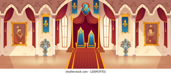 Vector castle hall with two thrones for king and queen. Interior of ballroom with guards in knight armor for royal family. Medieval palace with flags. Fantasy, fairy tale or game background.