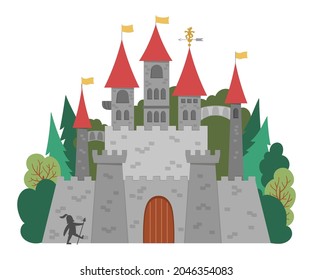 Vector castle icon isolated on white background. Magic kingdom picture. Big medieval stone palace with towers, flags, gates, trees, guardian. Fairy tale king house illustration
