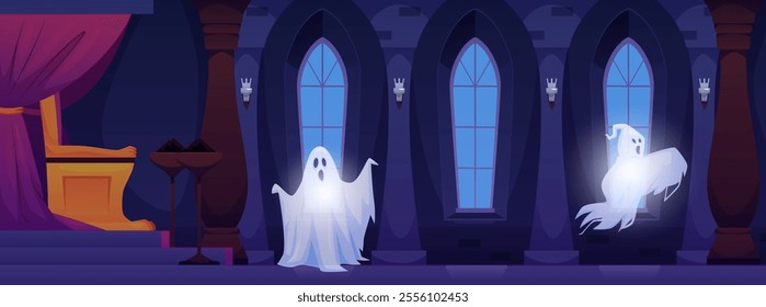 Vector castle interior with throne, curtains and windows at night. Ghosts in the hall of a medieval palace create an eerie atmosphere for a cartoon game setting.