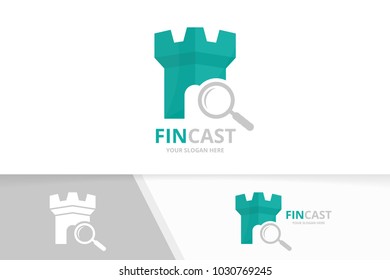 Vector castle and loupe logo combination. Tower and magnifying symbol or icon. Unique fortress and search logotype design template.