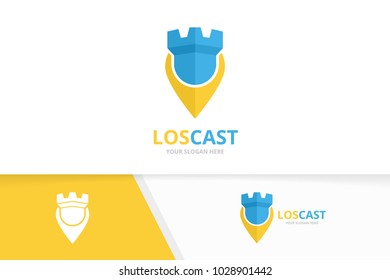 Vector castle and map pointer logo combination. Tower and gps locator symbol or icon. Unique fortress and pin logotype design template.