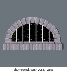 Vector castle medieval dungeon scared window with strong grunge steel and monster red eyes in darkness inside. Castle prison window with realistic stones. Good for cartoon props.