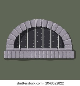 Vector castle medieval dungeon window with strong grunge steel and darkness inside. Castle prison window with realistic stones. Good for cartoon props and gamedev decor