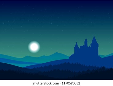 vector castle in the mountains under night sky, landscape illustration