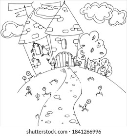 Vector castle for princess coloring book. The castle is next to a tree, obloka and flowers for coloring.