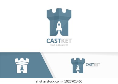 Vector castle and rocket logo combination. Tower and airplane symbol or icon. Unique fortress and flight logotype design template.