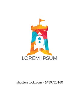 Vector castle and rocket logo combination. Tower and airplane symbol or icon. Unique fortress and flight logotype design template.	