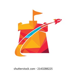 Vector castle and rocket logo combination. Tower and airplane symbol or icon. Unique fortress and flight logotype design template.	