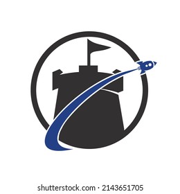 Vector castle and rocket logo combination. Tower and airplane symbol or icon. Unique fortress and flight logotype design template.	
