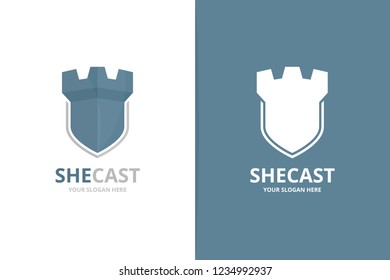 Vector castle and shield logo combination. Tower and security symbol or icon. Unique fortress and guard logotype design template.