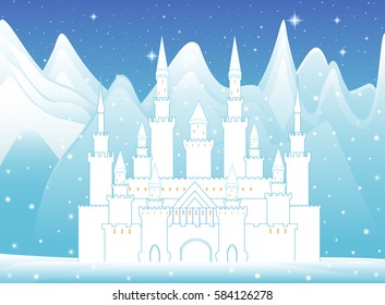 Vector castle of snow queen in frozen forest and winter mountains