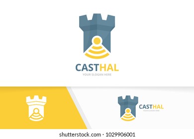 Vector castle and wifi logo combination. Tower and signal symbol or icon. Unique fortress and radio, internet logotype design template.