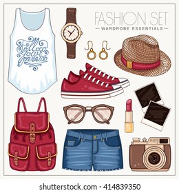 Vector casual fashion set of woman's clothes and accessories. Summer outfit with jeans shorts, backpack, sneakers, top and hat