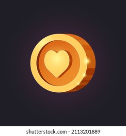 Vector casual game icon with heart. Isolated golden coin. GUI UI for web, game or app. Interface element