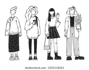 Vector casual style girls. Graphic cartoon vector illustration. Hand-drawn four women in fashion clothes.