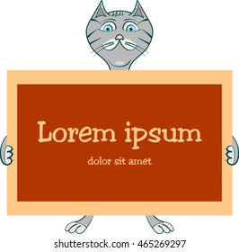 Vector cat above banner looking at you. Hand drawn illustration