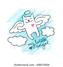 vector cat angel in the sky, cute hand drawn illustration