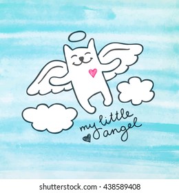 vector cat angel in the sky, cute hand drawn illustration