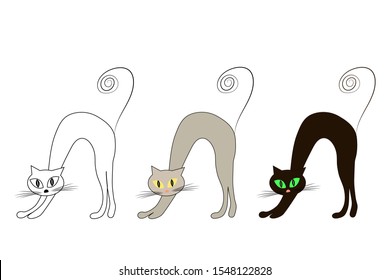 Vector cat with arched back contour gray and black.