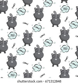 Vector cat back funny illustration. Cartoon kitty dreaming of fishbone. Ugly pet farting texture. Puff funny character pet fabric