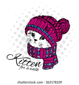 Vector cat in a beret and scarf. Kitten for a walk.