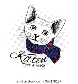 Vector cat in a beret and scarf. Kitten for a walk.