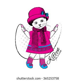 Vector cat in a beret and scarf with skipping rope. Kitten for a walk. White cat in a dress.