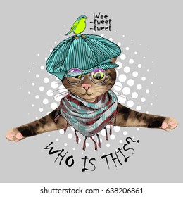 Vector cat with bird and green cap.Hand drawn illustration of dressed cat.