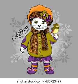 Vector cat with bird. Hand drawn illustration of dressed cat and bird. 