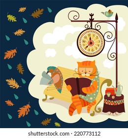 Vector cat and bird sitting on bench, reading books, under the clock