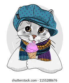 Vector cat with blue hat, knitted scarf and  ice cream. Hand drawn illustration of dressed kitten. 