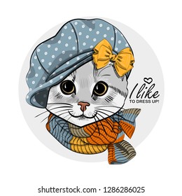 Vector cat with blue hat and knitted  scarf. Hand drawn illustration of dressed cat