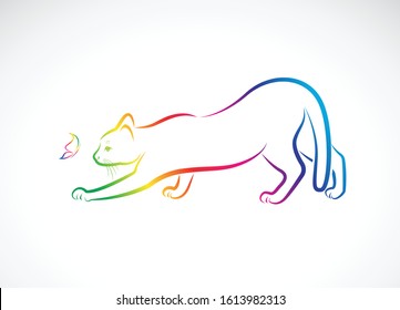 Vector of a cat and butterfly on white background. Pet. Animals. Insect. Easy editable layered vector illustration.
