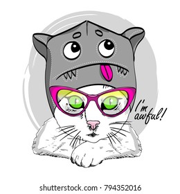 Vector cat with cap-mask and glasses. Hand drawn illustration of kitten.