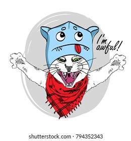 Vector cat with cap-mask. Hand drawn illustration of kitten.