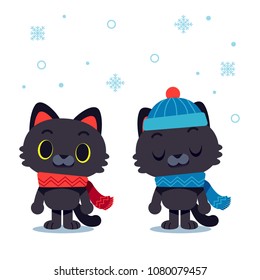 Vector cat character wearing scarf and winter hat