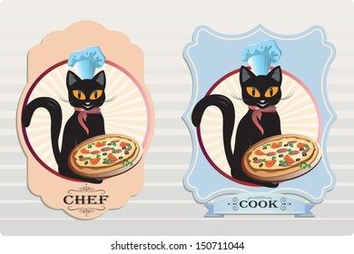 Vector cat chef and cook Pizza labels