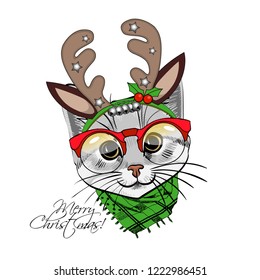 Vector cat with christmas horns of a deer and red scarf. Hand drawn illustration of dressed cat. Merry Christmas 2