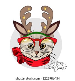 Vector cat with christmas horns of a deer and red scarf. Hand drawn illustration of dressed cat. Merry Christmas 3