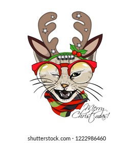 Vector cat with christmas horns of a deer and scarf. Hand drawn illustration of dressed cat. Merry Christmas.