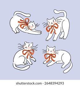 vector cat collection. Cute white cats with red bows. Vector kitten illustation isolated on light violate background. Preppy animal print design for kids t-shirt. 