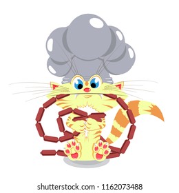 Vector cat cook with sausages