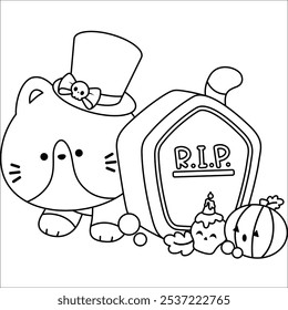 a vector of a cat in costume with some objects in black and white coloring