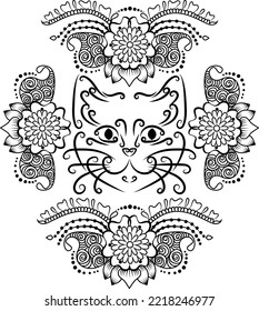 Vector cat curl. Cat face with flowers.