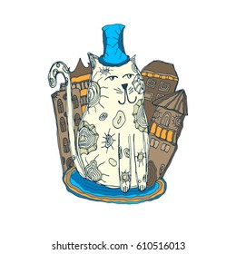 Vector cat. Decorative houses. An animal in a hat. Print on the T-shirt.