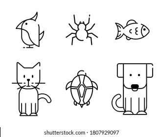 Vector cat, dog, fish, parrot, spider and turtle sign and symbol collection. Pet logo design template set.Outline animals illustration isolated on white background. For veterinary clinic, zoo, petfood