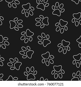 Vector cat or dog footprint dark seamless pattern in thin line style