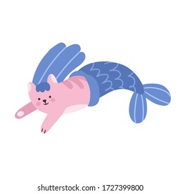 Vector cat drawn as mermaid for tee print. Hand drawn illustration isolated on white background. Cute fantasy character. Scandinavian style design
