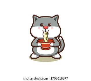 El gato vectorial come fideos, logotipo tierno caricatura, icono, emblema, mascota, pegatina o insignia para la comida asiática o la entrega, 