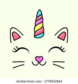 VECTOR OF A CAT FACE WITH A HORN LIKE A UNICORN, SLOGAN PRINT